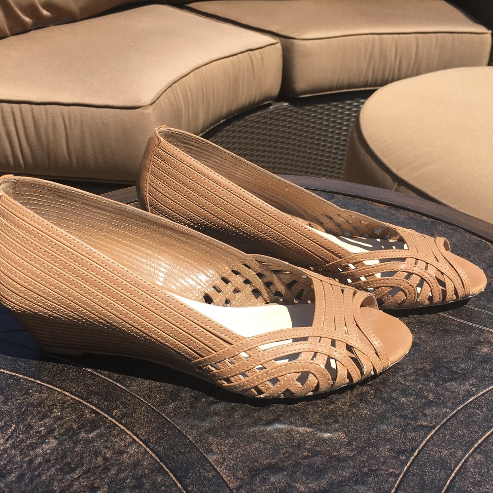 Faux Leather, Brown Open Toe Wedge Slip Ons Size 8